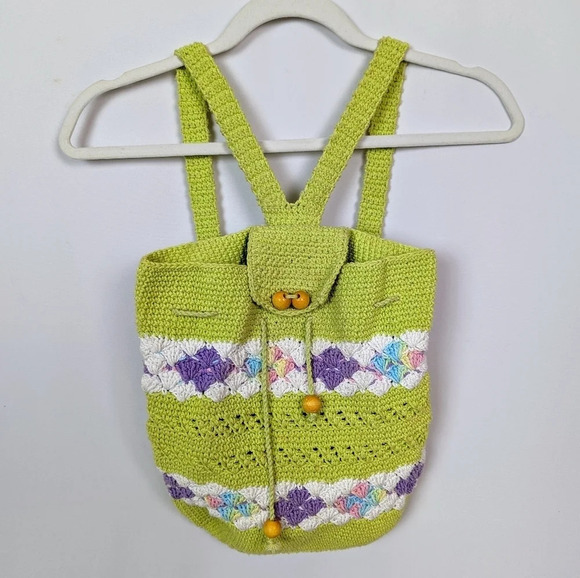 Handmade Handbags - Handmade Crochet Knit Mini Backpack Bag Colorful Floral Bohemian Hippie 70s